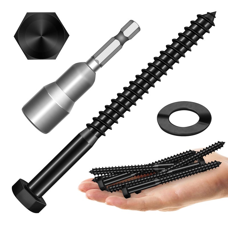 MYWISH (8Sets) 3/8" x 4-1/2" Hex Head Lag Bolts, Heavy Duty Lag Screws with Washers, 304 Stainless Steel Bolts 18-8, Lag Screws Wood Screws, Partial Thread Black Oxide, 3/8 Bolt - Image 1